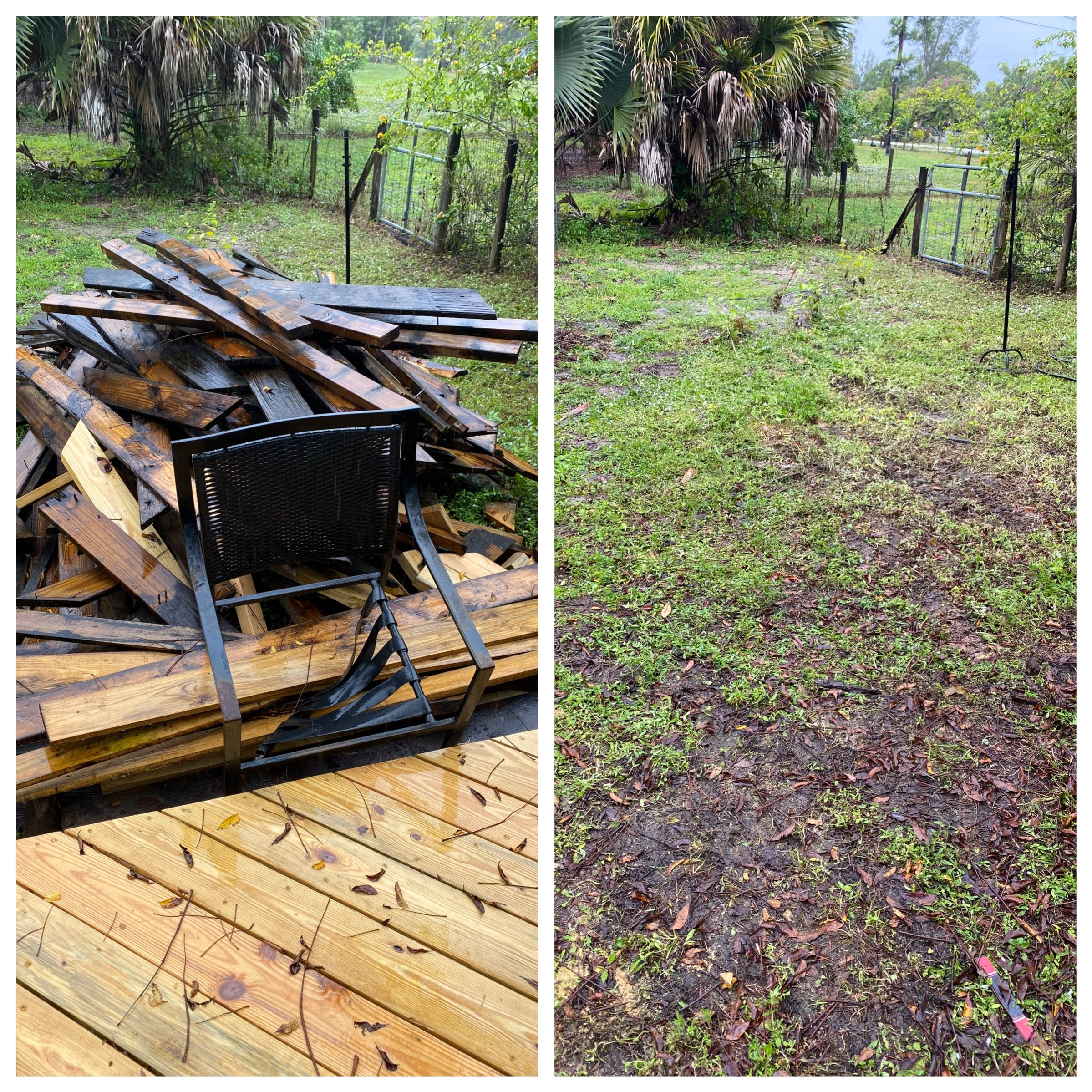 A pile of old deck wood outside in backyard in Loxahatchee, Florida.