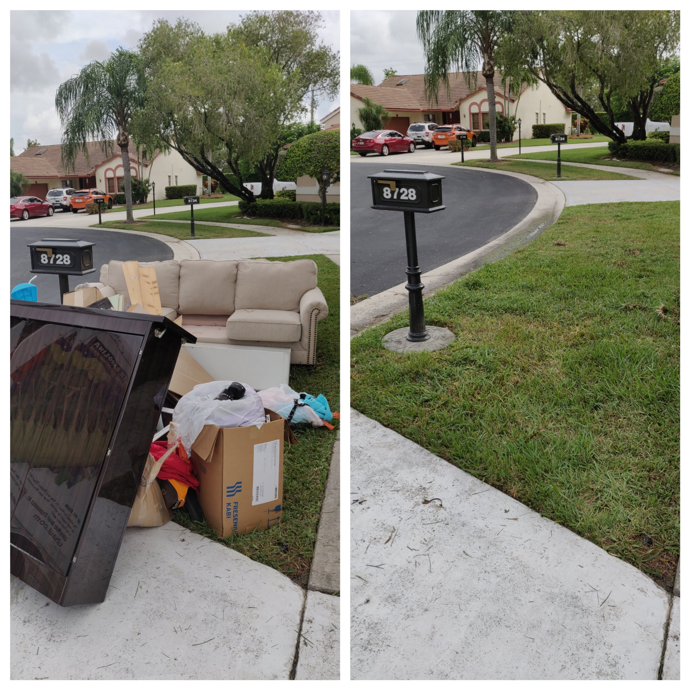 Household Items and furniture out on Street Curb waiting for Junk Removal Pickup.